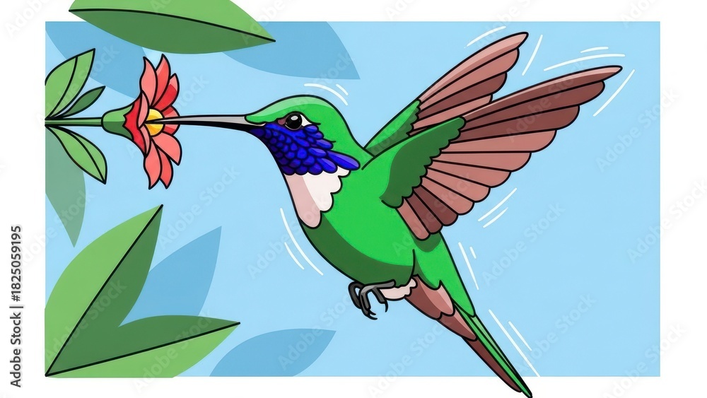 Fototapeta premium Vibrant hummingbird with iridescent feathers feeding on a delicate flower.