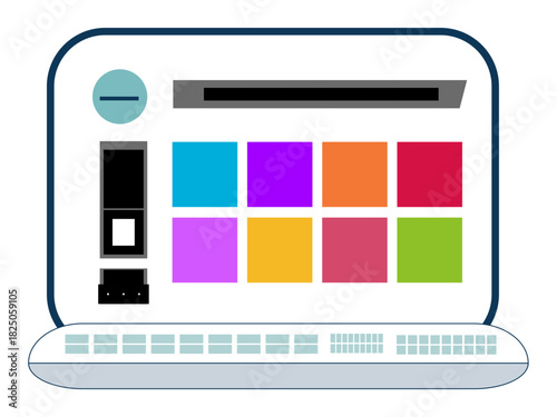 Web design, user interface, technology, software tools, digital organization, operational dashboards. Laptop screen a vibrant grid layout. Web design and user interface concept