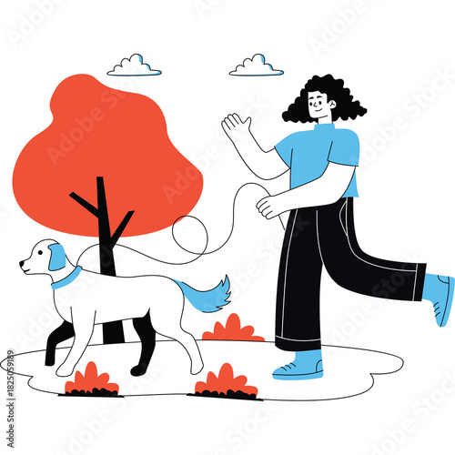 Woman Walking a White Dog with Blue Accents on a Leash in a Park with a Red Tree and Minimalist Clouds