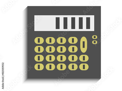 Financial tools, mathematics, accounting, budgeting, office work, and calculation concepts. A retro-styled calculator with a keypad and display. Financial tools and mathematics concept