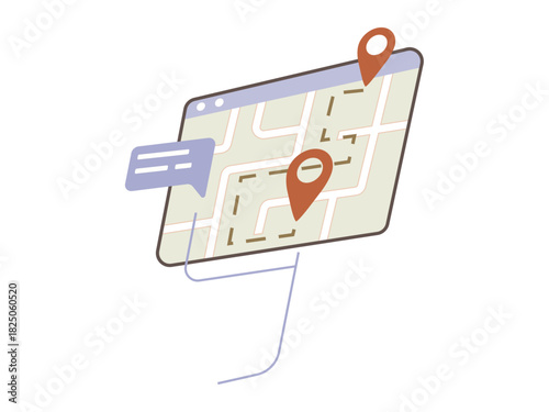 Navigation apps, travel planning, digital maps, location tracking, GPS services, online directions. Map interface with location pins and a route path. Navigation apps and travel planning concept