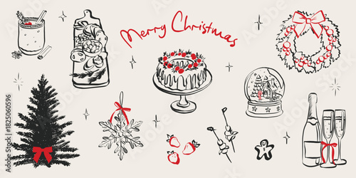 Vintage chalk-style Christmas celebration sketch with festive table, wine glasses, holiday decorations, and charming hand-drawn winter dinner elements. Doodle outline vector illustration
