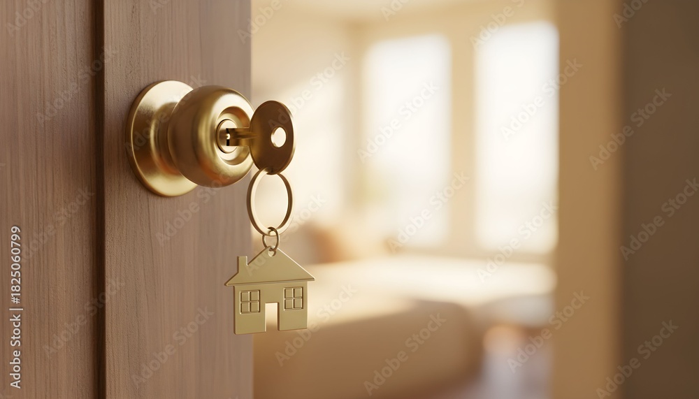 Obraz premium Key with a house-shaped keychain in an open door leading to a sunlit room.