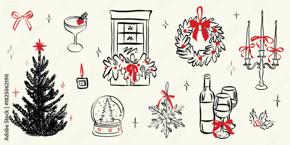 Naklejka premium Festive party doodle sketch featuring vintage Christmas dinner table with bow-tied gifts, champagne, tree decorations, and whimsical hand-drawn holiday food illustrations