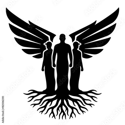 three people with roots and red wings