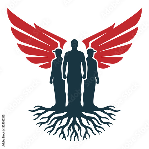 three people with roots and red wings