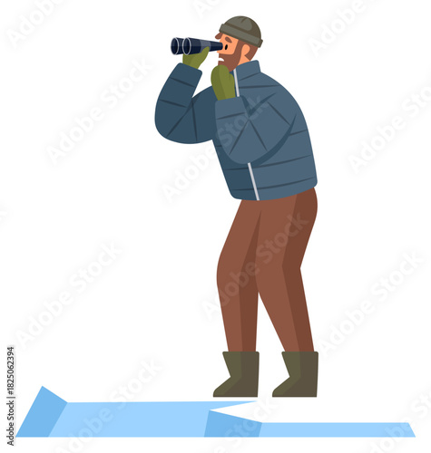 Winter exploration, surveillance, outdoor adventure, wildlife observation, arctic research, environmental study. Man looking through binoculars on ice. Winter exploration and surveillance idea