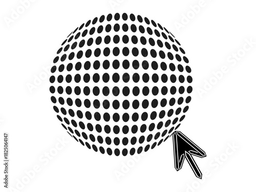 Global connectivity, digital navigation, internet access, online interaction, web design, technology. Black halftone sphere with a cursor arrow. Global connectivity and digital navigation concept