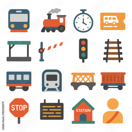 Transportation Icons: A collection of vibrant icons representing various modes of transport, including trains, buses, and related infrastructure. A dynamic graphic.
