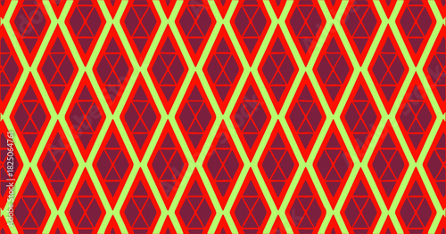 Red background with yellow diamonds and deep blue accents forming a vibrant repeating geometric pattern.