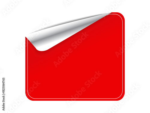 Advertising, branding, labeling, promotions, marketing, digital design. Red square sticker with a metallic silver folded corner. Advertising and branding concept