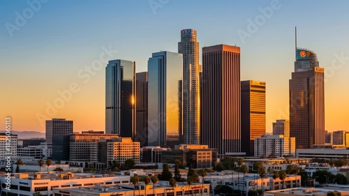 A cityscape at sunset bathes in warm light, illuminating skyscrapers and low-rise buildings