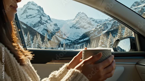 Woman holding a warm mug in a car, admiring majestic snowy mountains and pine trees for a tranquil winter road trip concept and cozy escape