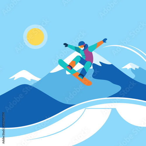 Active snowboarder jumping high performing trick against sunny blue mountain peaks, winter sports vector illustration