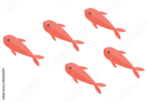 Aquatic life, ocean ecosystems, marine conservation, minimal designs, educational material, visual storytelling. Five red fish in a swimming pattern. Aquatic life and ocean ecosystem concept