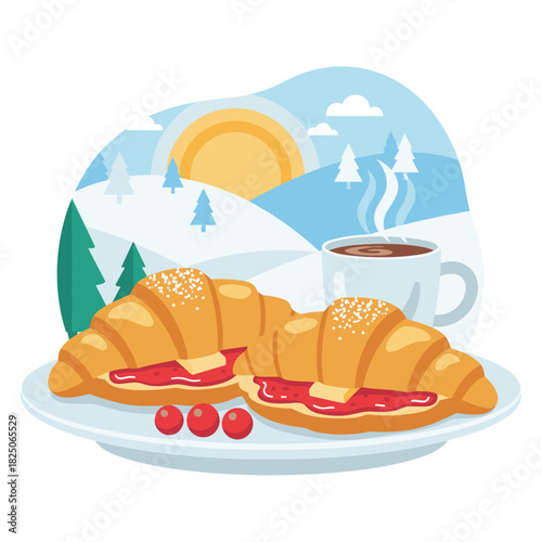 Fresh croissants with jam and coffee on plate against winter landscape, cozy breakfast concept with copy space