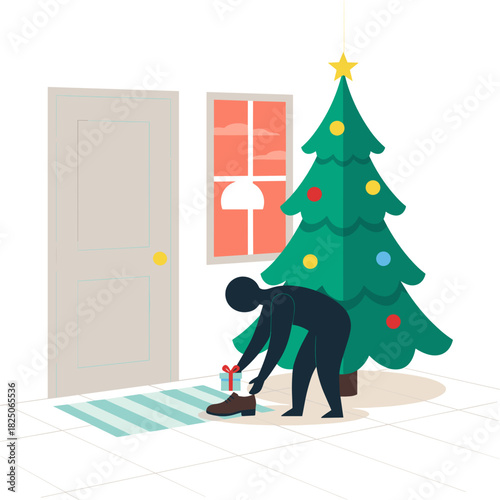 Vector illustration of silhouette person putting gift into shoe for Saint Nicholas Day tradition near Christmas tree in home hallway for holiday surprise concept with copy space