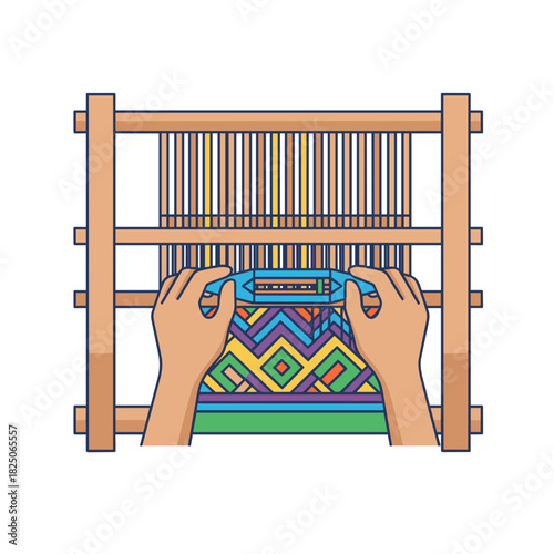 Top view of craftsman hands weaving textile pattern on wooden loom in flat vector illustration style representing traditional artisanal skills