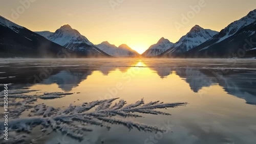 Golden sunrise over a frozen lake surrounded by snow-capped mountains reflecting in icy water for a winter wilderness concept and tranquil natural beauty