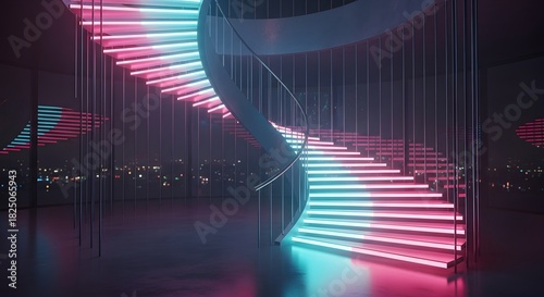 Futuristic spiral staircase with neon lights and city lights in the background