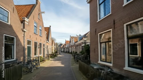 A charming, sunlit street lined with brick buildings, tiled roofs, and bicycles