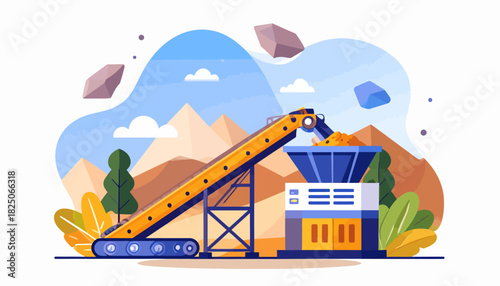 Industrial stone crushing plant illustration with conveyor belt, rock crusher, and processing machinery in a stylized mining and construction landscape.