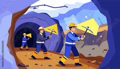 Miners with Pickaxes and Headlamps Exploring an Underground Cave Tunnel