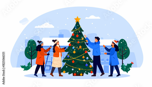 Group of Diverse People Decorating a Festive Outdoor Christmas Tree with Sparkling Lights and Ornaments during Winter Holiday Season