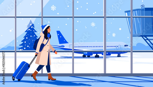 Woman traveling in airport terminal in winter, walking with luggage, looking at a snowy Christmas tree and parked airplane outside the window.