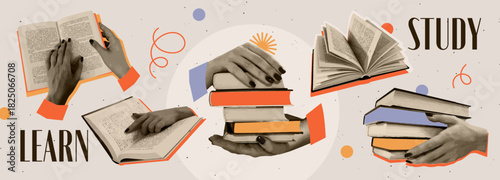 Trendy Halftone Collage. Stickers with realistic black and white human hands holding books. Love of reading and literature. Abstract vector illustration collection