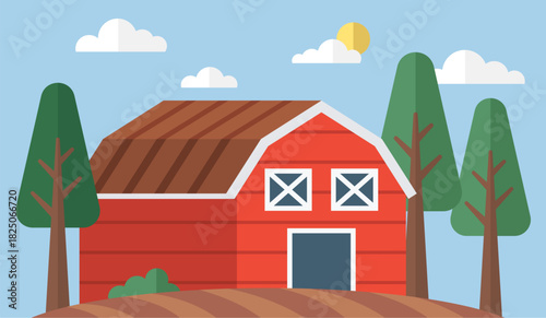 Rural lifestyle, farm life, agriculture, farming business, sustainable living, nature . Red barn surrounded by green trees, rolling hills and sunny skies. Rural lifestyle and farming concept