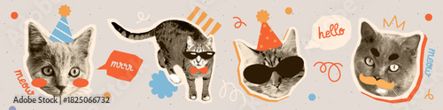 Trendy Halftone Collage. Pop art stickers with cute fluffy cats portraits wearing hats, glasses, and bow ties. Realistic animals. Abstract vector illustration collection