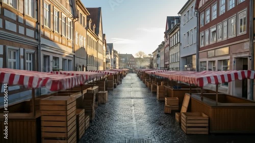 Empty market street with stalls beneath striped awnings, flanked by buildings, illuminated by sunlight