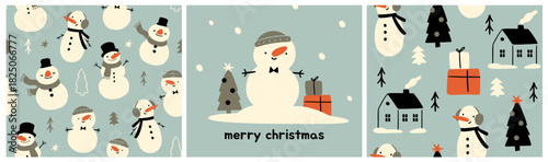 Merry Christmas pattern set. Seamless repeating patterns with cute snowmen, gift boxes, Christmas trees, and cozy house. Design for New Year. Flat vector illustration collection