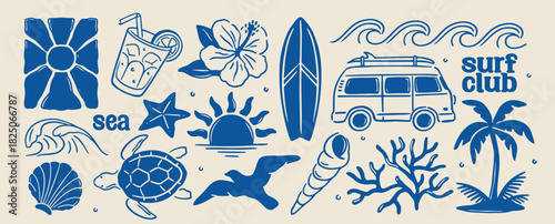 Set of tropical bold stickers. Hand drawn icons of surfboard, turtle, camper van, rough sea waves, palm tree, cocktail and setting sun. Flat vector illustration collection