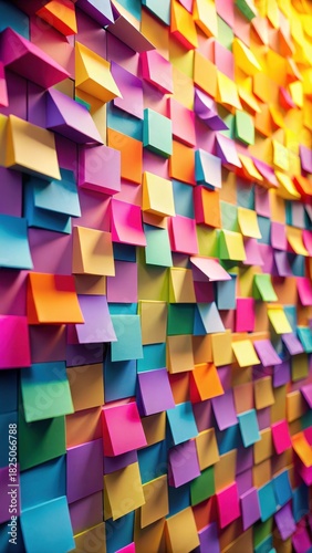 Vibrant sticky notes cascade across a colorful wall, each one radiating joy, excitement, or serene contemplation
