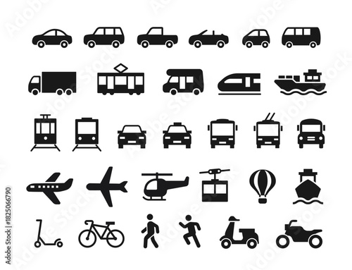 Vehicle icon set. Simple symbols with cars, buses, trains, ships, airplanes, helicopters, bicycles and motorbikes. Means of transportation. Flat vector illustration collection