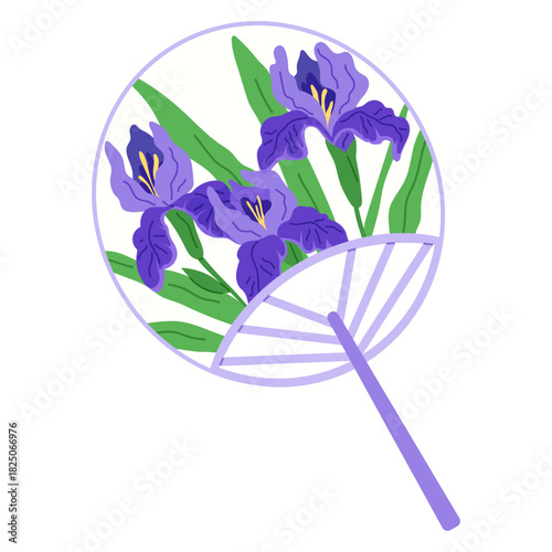 Japanese art, culture, floral design, nature inspiration, botanical , traditional decor. Circular fan adorned with purple iris flowers and green leaves. Japanese art and floral design concept