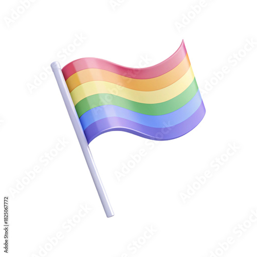 3D rainbow pride flag on slim white pole with smooth waving fabric, glossy finish, bright red orange yellow green blue purple stripes, soft lighting, rounded edges, isolated on white, no background