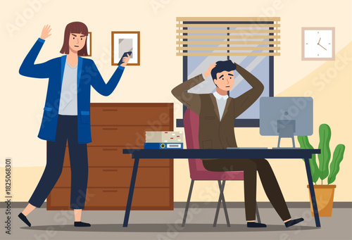 Workplace stress, business challenges, employee relationships, office communication, teamwork, coworker dynamics. Man stressed at his desk, woman waving. Workplace stress and business challenges