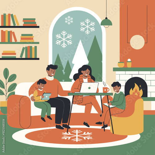 Happy family with kids spending time together in cozy living room with fireplace and winter window, home lifestyle vector