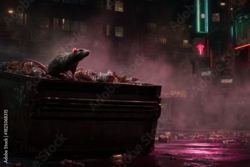 Rat perched on an overflowing dumpster in a dark urban alley, cinematic 3D render