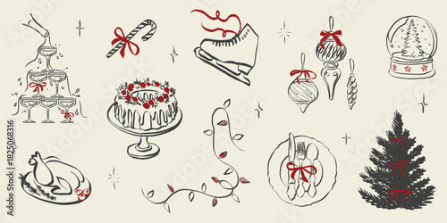 Hand-drawn party doodles featuring Christmas dinner table with bows, festive food illustrations, champagne glasses, and vintage holiday menu design elements