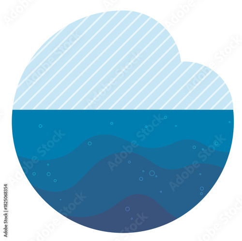 Nature, water conservation, environment, sustainability, climate change, abstract art. A circular design showing ocean waves with bubbles and a striped sky. Nature and water conservation concepts