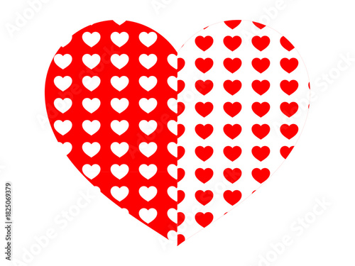 Love, relationships, balance, graphic design, patterns, celebrations. A split heart filled with red and white alternating heart patterns. Love and relationships symbol with artistic balance design