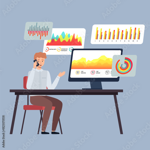 Data analysis, financial review, business growth, entrepreneurship, decision making, corporate strategies. Man seated at desk with computer displaying graphs. Data analysis and business growth