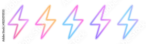 Neon lightning shapes flash beside glowing circles in a dark space. Their sharp electric lines cut through the soft gradients. The artwork adds intense energy to futuristic posters and digital layouts