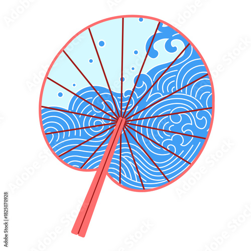 Japanese culture, traditional crafts, Asian art, ocean , decorative design, gift ideas. Red-framed hand fan with blue wave design. Japanese culture and traditional crafts concept