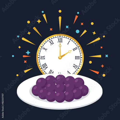 Vector illustration of twelve lucky grapes on plate and golden clock striking midnight in purple and dark blue colors for Spanish New Year tradition concept against festive background with copy space