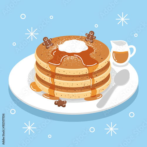 Vector illustration of fluffy pancakes stack with gingerbread cookies and syrup in warm brown and light blue colors for festive Christmas breakfast or winter holiday brunch menu with copy space